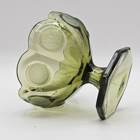 FOSTORIA COIN Green Glass Compote Pedestal Dish Bowl Vintage Eagle Olympic Torch - Picture 5 of 11